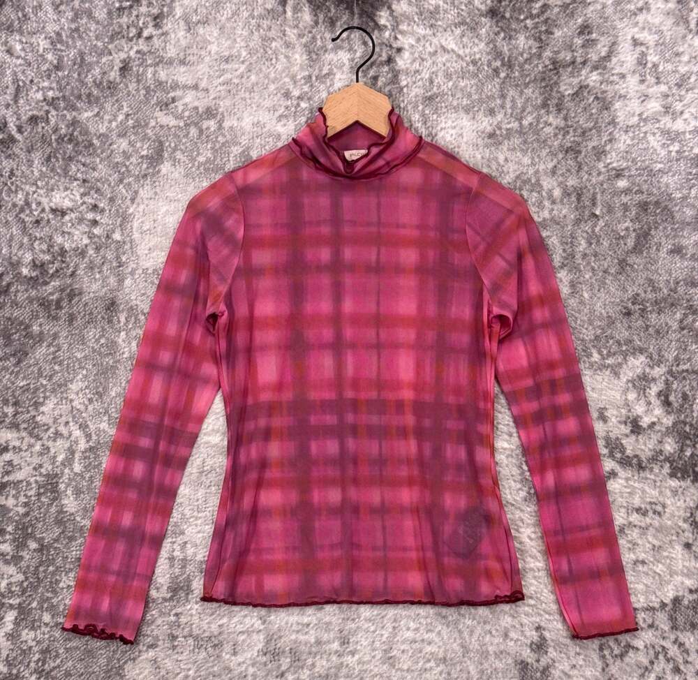 Anthropologie Top Small Petite Womens Pilcro Pink Plaid Turtleneck Mesh